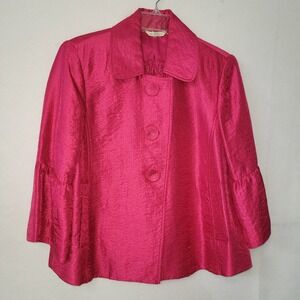 Trevan Jacket‎ Blazer Womens 10 Pink Crinkle Textured Cropped 3/4 Bell Sleeve